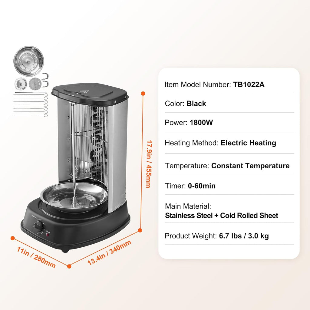 Happybuy Shawarma Grill Machine, Vertical Chicken Cooker, Electric Gyro Rotisserie, Stainless Steel Broiler for Home, Restaurant, Parties