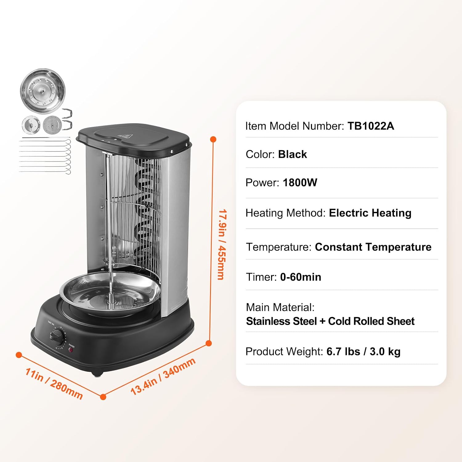 Happybuy Shawarma Grill Machine, Vertical Chicken Cooker, Electric Gyro Rotisserie, Stainless Steel Broiler for Home, Restaurant, Parties