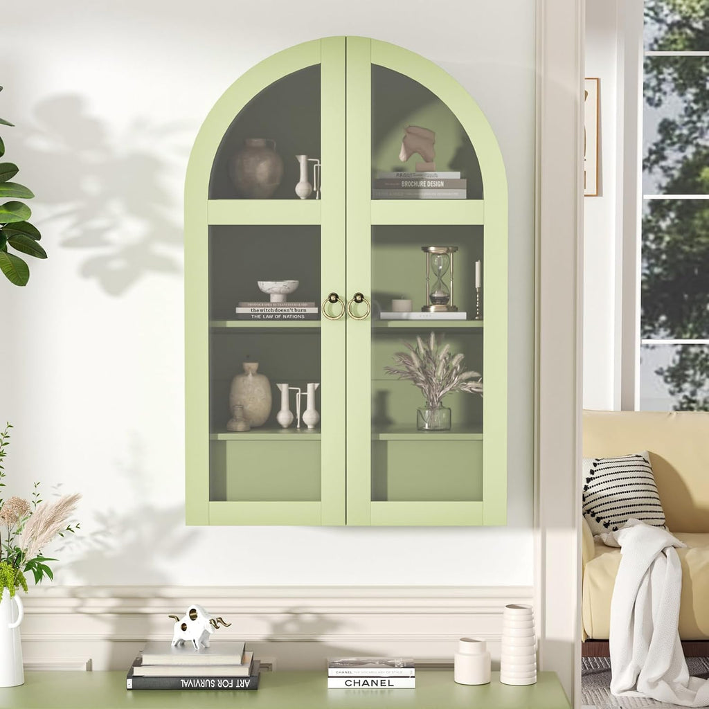 Medicine Cabinet with Tempered Glass Door, Arched Bathroom Wall Cabinet with Adjustable Shelf, for Kitchen, Living Room, Entryway, Laundry Room, Apartment, Office, Small Space, Green