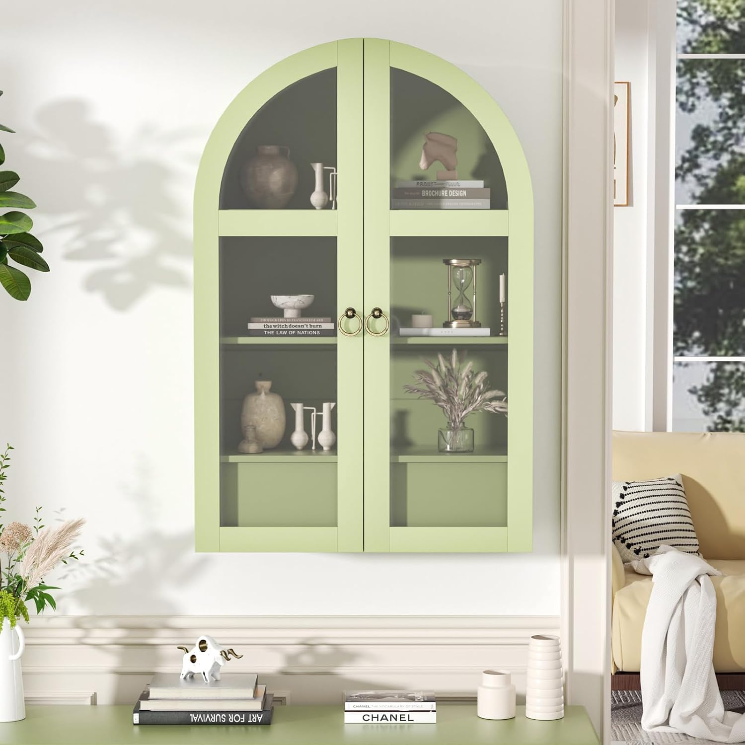 Medicine Cabinet with Tempered Glass Door, Arched Bathroom Wall Cabinet with Adjustable Shelf, for Kitchen, Living Room, Entryway, Laundry Room, Apartment, Office, Small Space, Green
