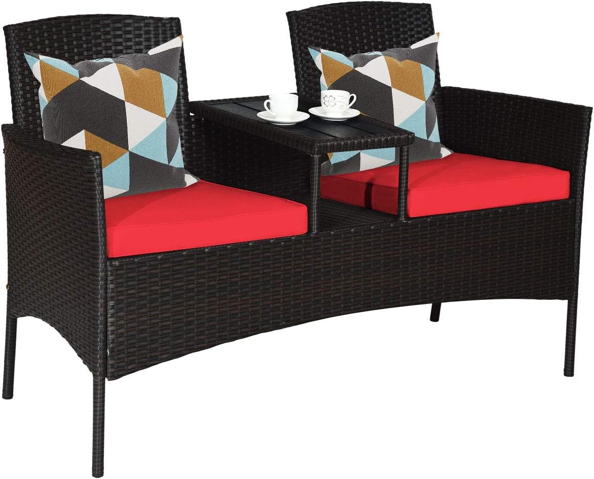 Tangkula Outdoor Rattan Loveseat, Patio Conversation Set with Cushions & Table, Modern Patented Wicker Sofa Set with Built-in Coffee Table, Rattan Sofas for Garden Lawn Backyard