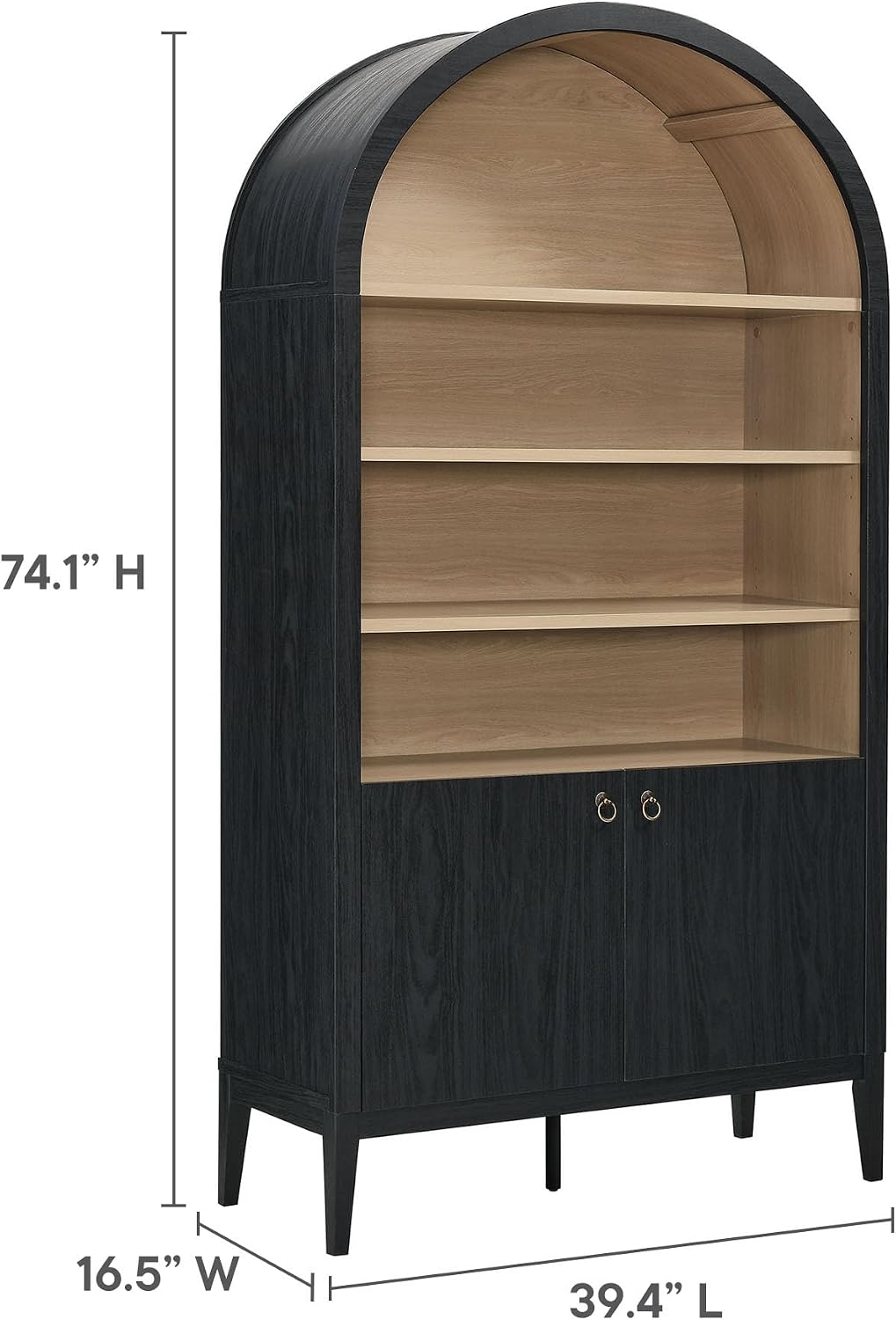 Modway Nolan Tall Arched Storage Display Cabinet in Black - 74 Inch Arch Bookshelf with Open and Closed Shelving - Modern Accent Cabinet for Living Room, Dining Room