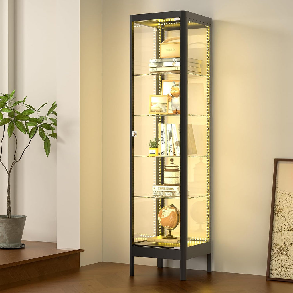 5-Tier Glass Display Cabinet with 13 Color LED Lights & Lock, 63' Curio Cabinet with Glass Doors & Adjustable Shelves, Lighted Display Case for Collectibles Figures Trophy - Black