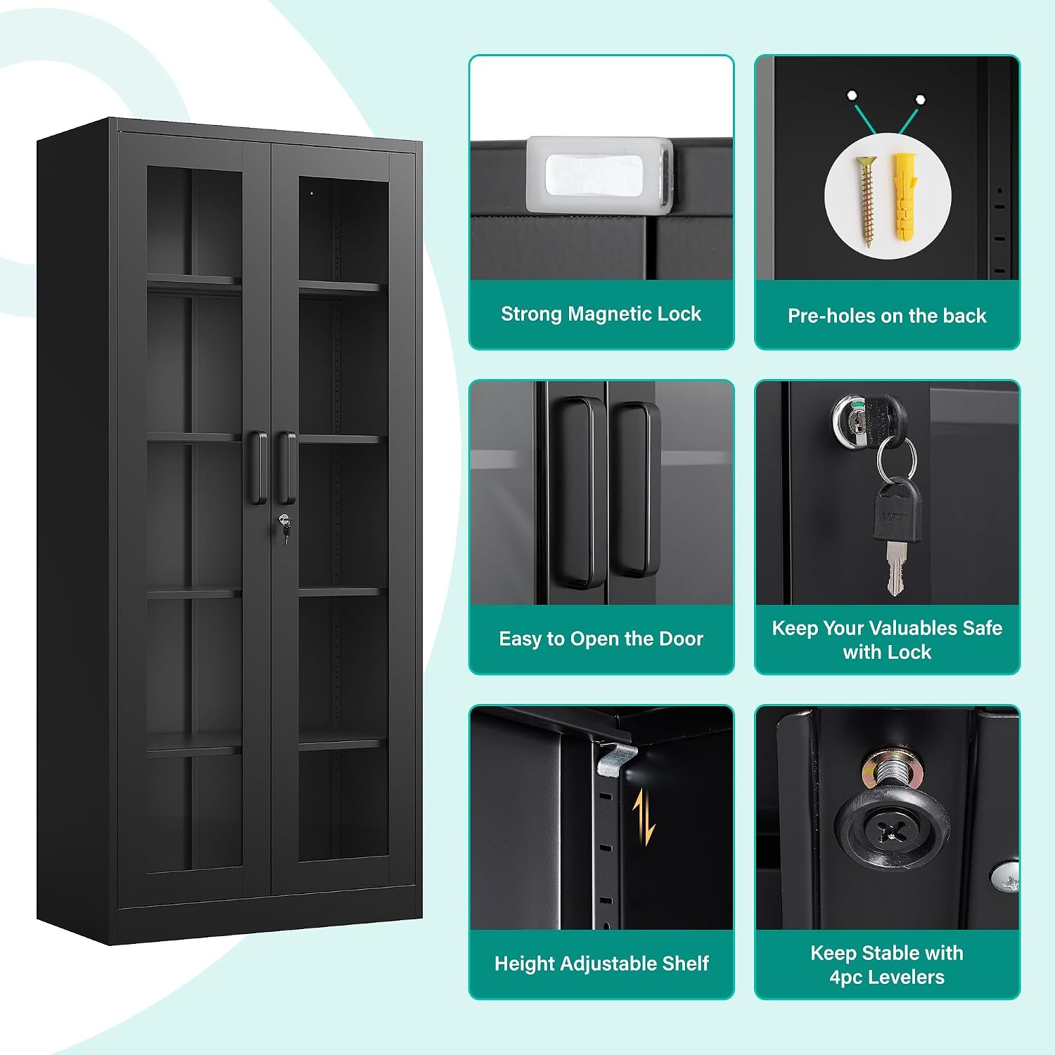 Metal Storage Cabinet with Lock and Glass Doors,Glass Display Cabinet,Black Storage Cabinets,Locking Curio Cabinets with 5 Shelves for Collectibles,Home,Office,Living Room