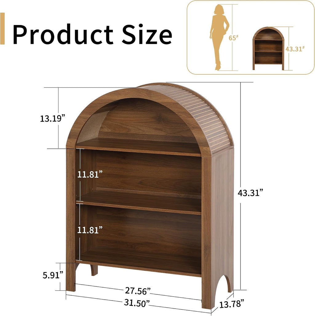 Janmer Home Freestanding Arched Bookcase, Modern 3-Tier Open Bookshelf, Low Short Bookshelf with Adjustable Shelves, Arched Storage Display Cabinet Organizer for Office, Living Room (Walnut, 1pcs)