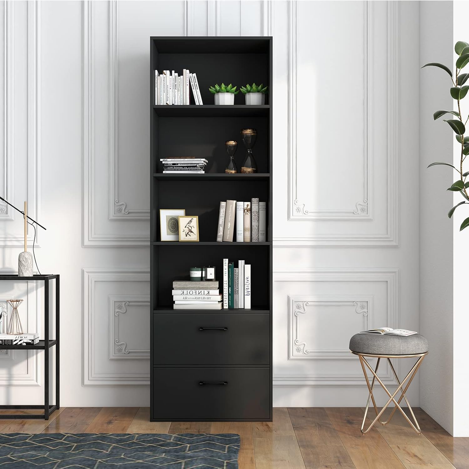 Tangkula 4 Shelf Bookcase with 2 Drawers, 74 Inch 4 Tiers Tall Open Bookshelf with 2 Slide-Out Drawers, Anti-toppling Device, Freestanding Wood Storage Shelf for Home Office (Black, 74' H)