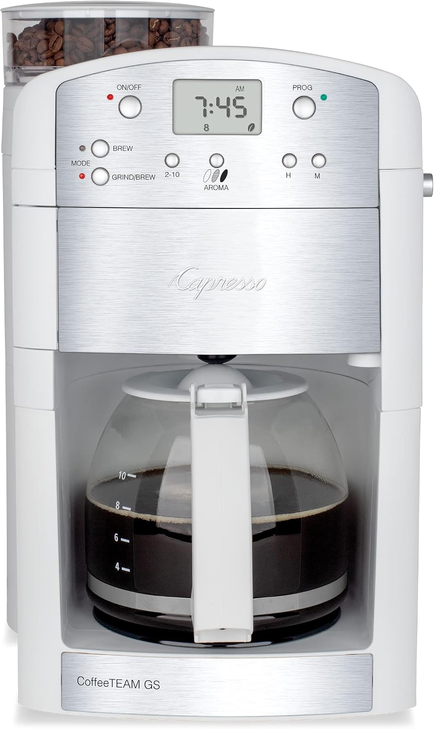 Capresso CoffeeTEAM GS 10-Cup Coffee Maker with Conical Burr Grinder, Glass Carafe 464.02 White
