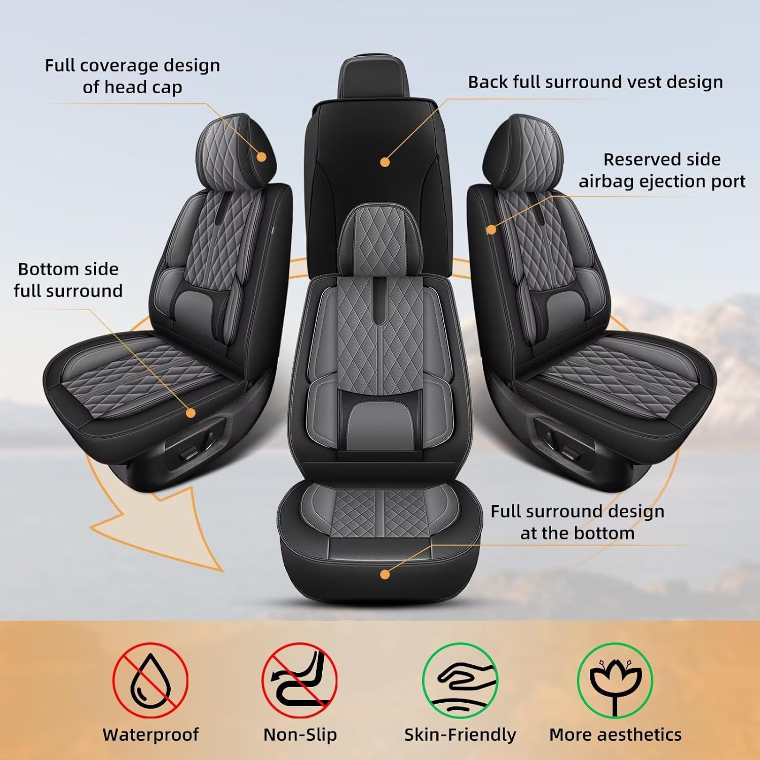 IKABEVEM Car Seat Covers Fit for Kia K5 2021-2024 2025 - Waterproof Leather Seat Covers - Compatible Airbag with Lumbar Support(2 Front Seat Covers, Black & Grey)