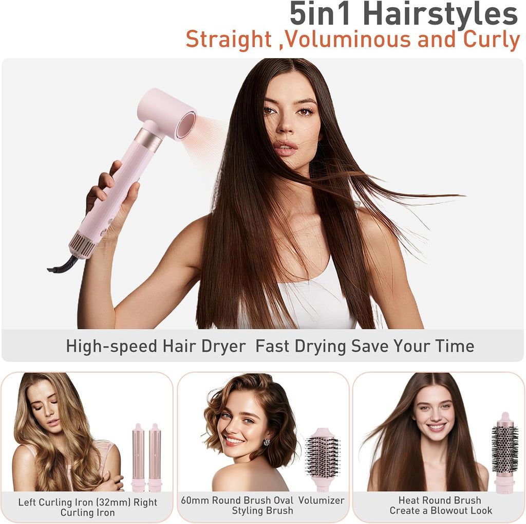 TANSHINE Blow Dryer Brush Set,5 in 1 Professional Hot Air Styler Hair Dryer Brush Styler,High-Speed Dryer Air Curler for Fast Drying Curling Volumizing Straightening Styling,Ionic Technology,Pink