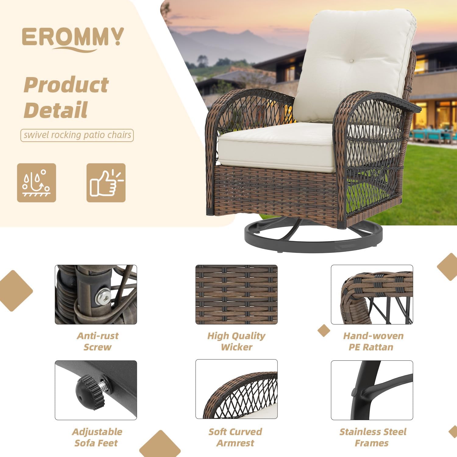 EROMMY 3 Pieces Patio Furniture Set, Outdoor Swivel Rocker Patio Chairs, Wicker Patio Bistro Set with Rocking Chair, Thickened Cushions and Glass Coffee Table for Backyard, Garden, Beige