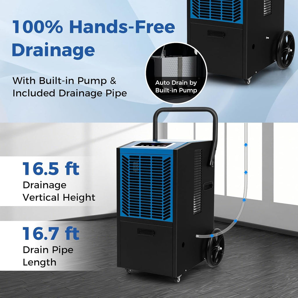 ARLIME 163 Pints Commercial Dehumidifier w/Pump & Drain Hose, Industrial Heavy Duty Portable Dehumidifier for Large Spaces, Basement, Warehouse, Water Damage Restoration, Up to 4500 Sq.Ft (Blue)