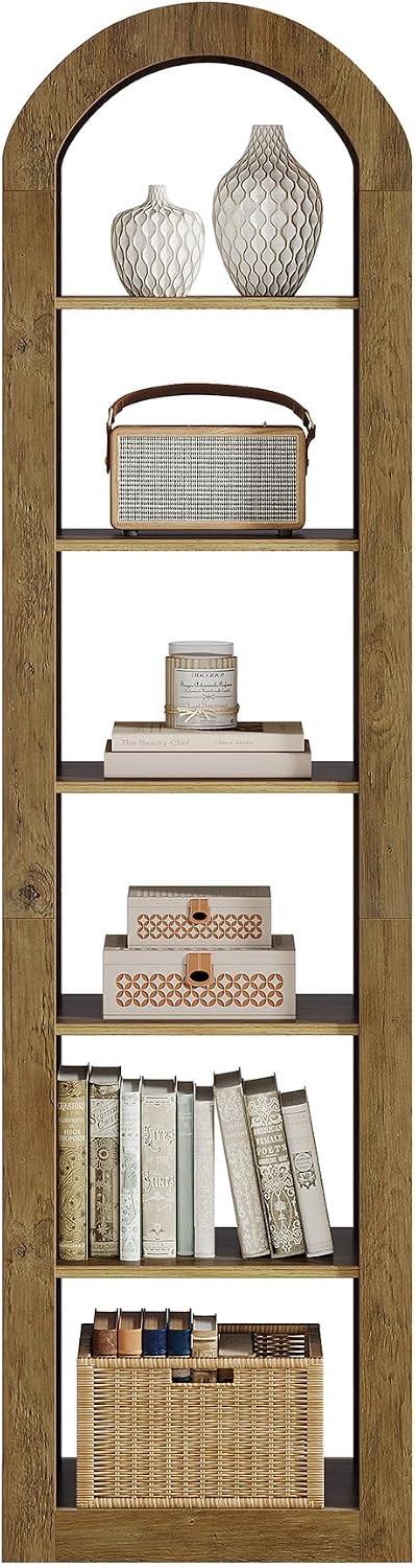 Tribesigns 74.8' Tall Arched Bookshelf, 6-Tier Narrow Open Bookcase, Floor Standing Corner Display Shelves Storage Organizer for Small Space, Home Office, Living Room (Rustic Brown, 1 PC)