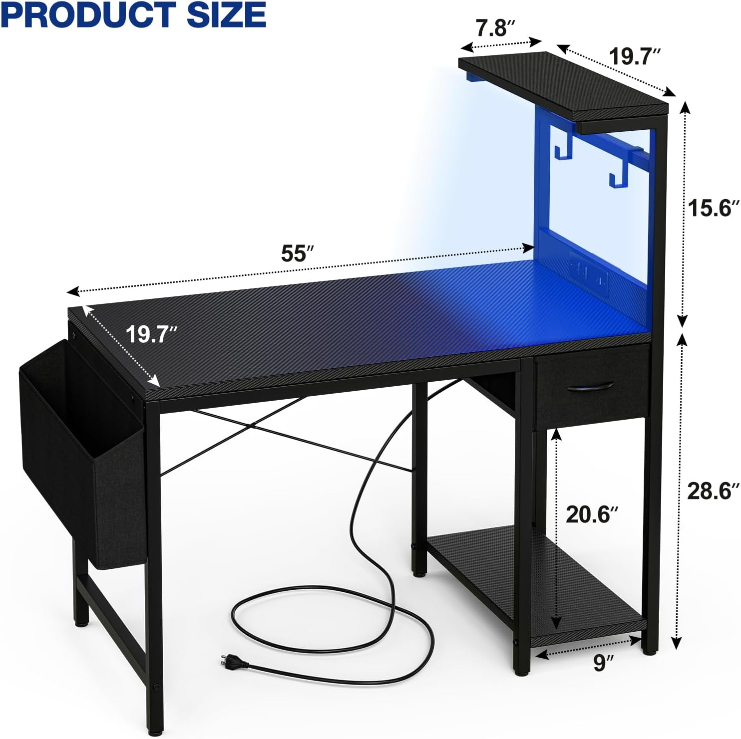 Grandder Gaming Desk 55 Inch with Power Outlet and LED Light, Computer Desk with Reversible Shelves and Storage Drawer, Pc Small Table for Home Office Table with Bag, Carbon Fiber Black