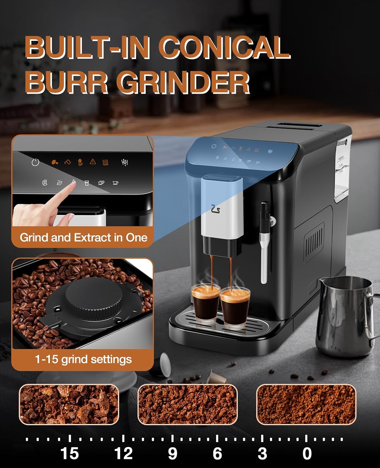 Fully Automatic Coffee Machine, 20 Bar Professional Espresso Machine with Grinder & Milk Frother, 1-15 Adjustable Grind Size Levels, 1.5L Water Tank, Cappuccino & Latte Machine for Home
