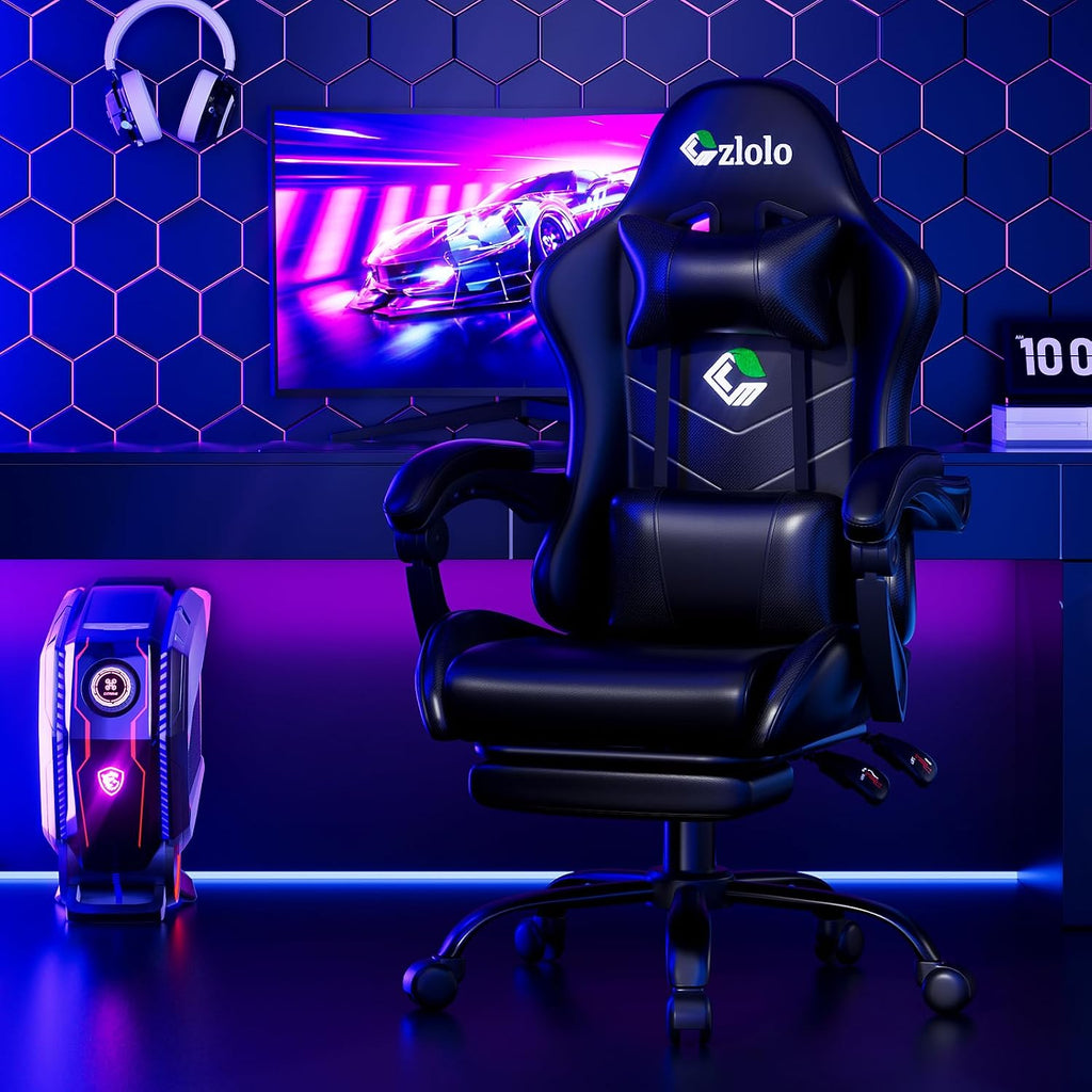 Czlolo Gaming Chair with Footrest Racing Style Lumbar Support Massager Video Game Chair with Metal Legs, High Back Gamer Chair with Headrest, 360° Swivel Office Computer Desk Chair, Black
