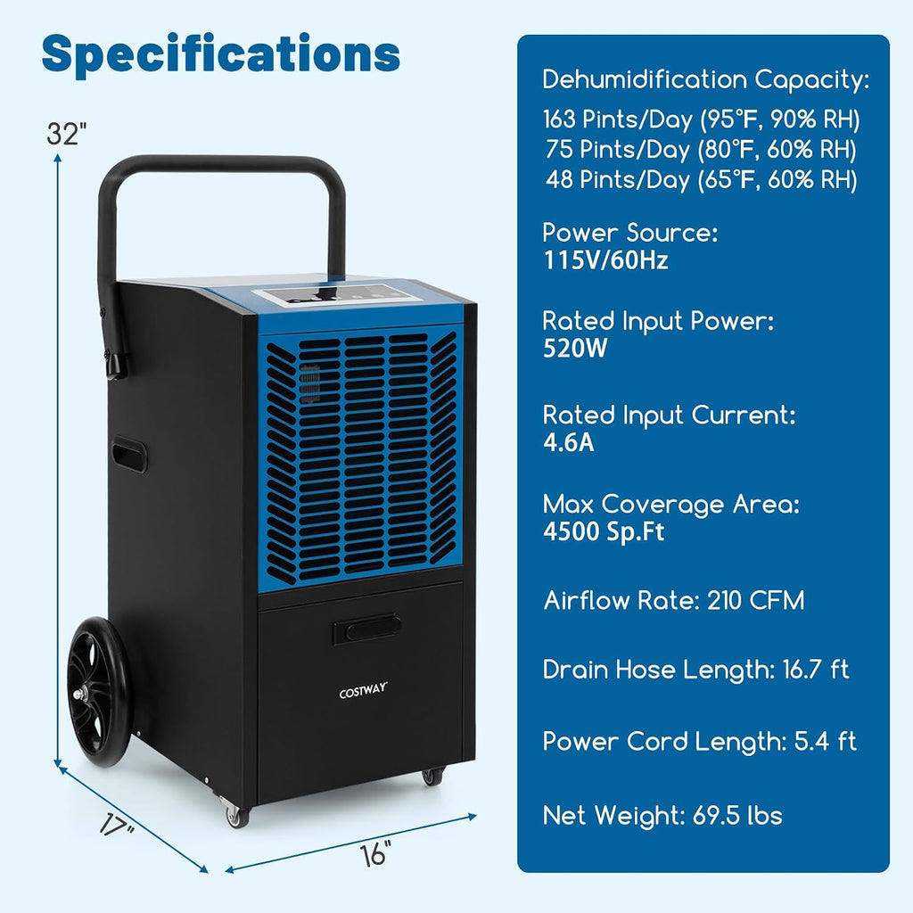 COSTWAY 163 Pints Commercial Dehumidifier, 4500 Sq.Ft Crawl Space Dehumidifier with Pump & Drain Hose, 24H Timer, for Basement, Warehouse, Job Site (Blue)