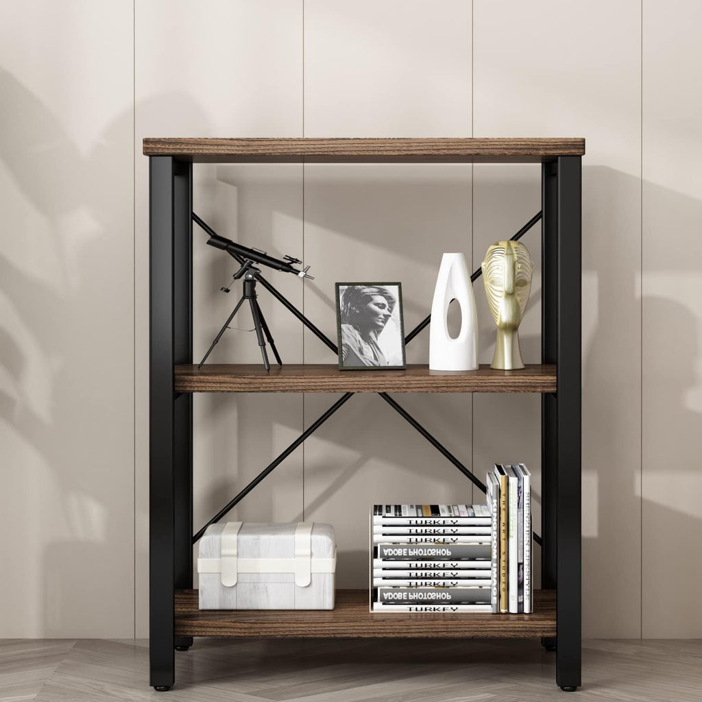 AY-AOYUAN 3 Tier Industrial Solid Wood Bookcases, Open Etagere Bookshelf with Metal Frame, Rustic Wood and Metal Shelving Storage Organizer for Living Room Book Shelves Furniture (AY01-3tier)