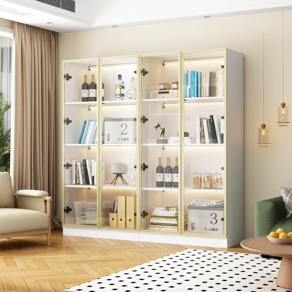 Display Cabinet with Glass Doors and Lights, Glass Display Cabinet with 4-Tier Storage Shelves, Pop-up Design, Trophy Case White and Champagne Gold (31.5'W x 15.7'D x 63'H)