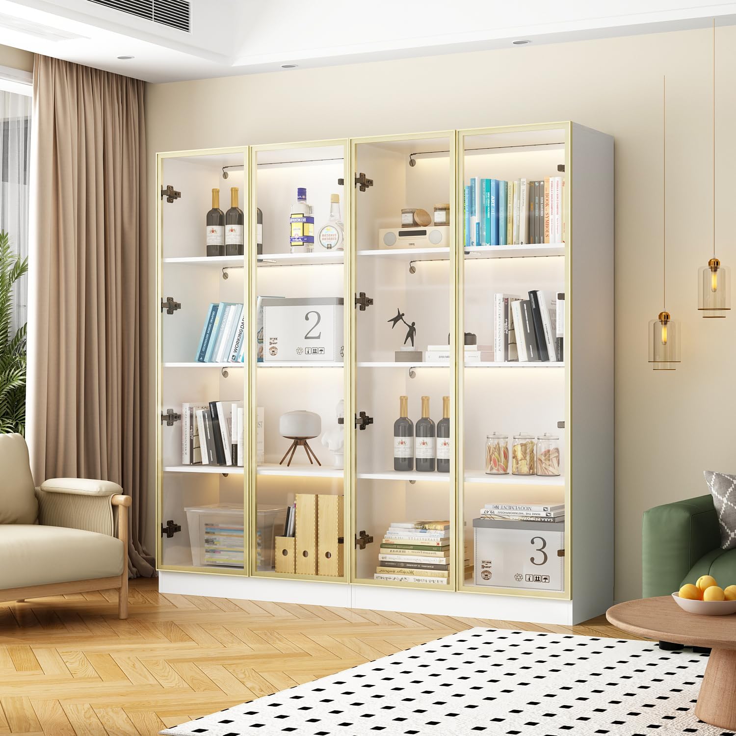 Display Cabinet with Glass Doors and Lights, Glass Display Cabinet with 4-Tier Storage Shelves, Pop-up Design, Trophy Case White and Champagne Gold (31.5'W x 15.7'D x 63'H)