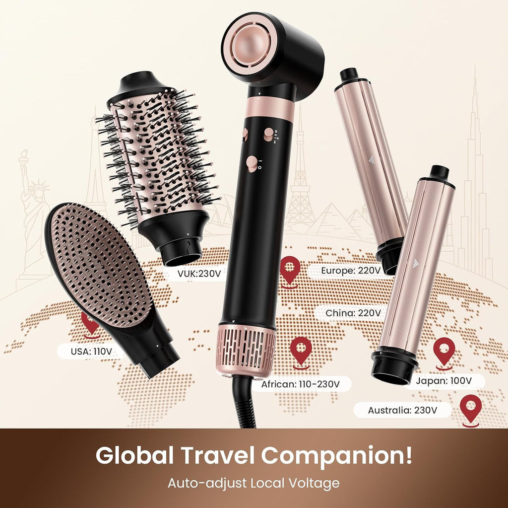 MESCOMB Dual Voltage Hair Dryer Brush - 5 in 1 Hot Air Styler Wrap with Auto Wrap Curlers, Fast Drying, Straightening & Volumizing, 100V–240V Global Travel with Storage Bag-Black