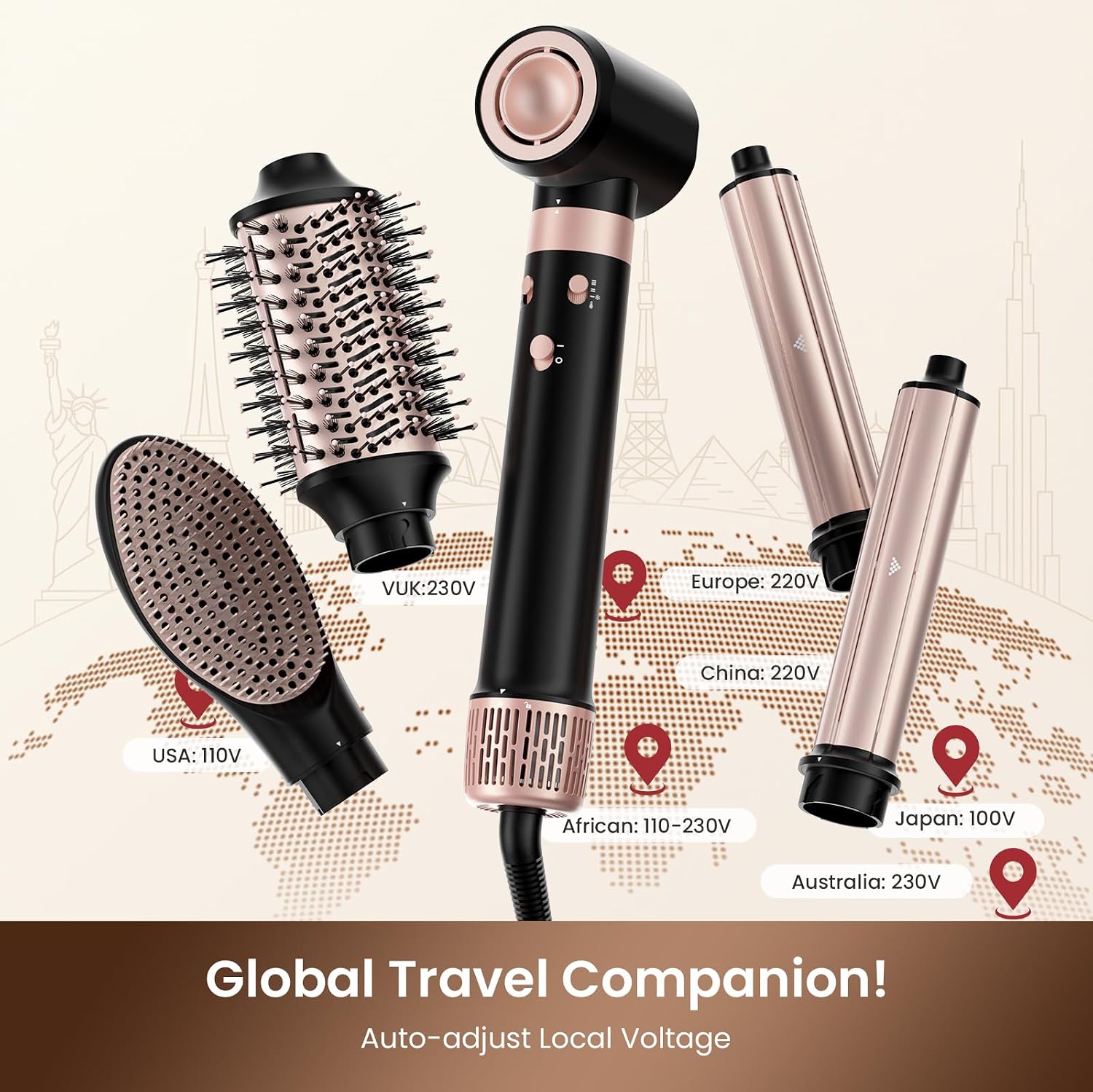 MESCOMB Dual Voltage Hair Dryer Brush - 5 in 1 Hot Air Styler Wrap with Auto Wrap Curlers, Fast Drying, Straightening & Volumizing, 100V–240V Global Travel with Storage Bag-Black