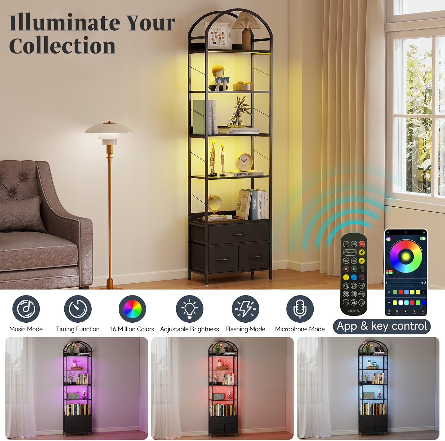 Turosur 83.4' Tall Narrow Bookshelf with 3 Drawers, Arched Bookcase with LED Lignts, 6-Tier Open Bookshelf with Metal Frame, Black