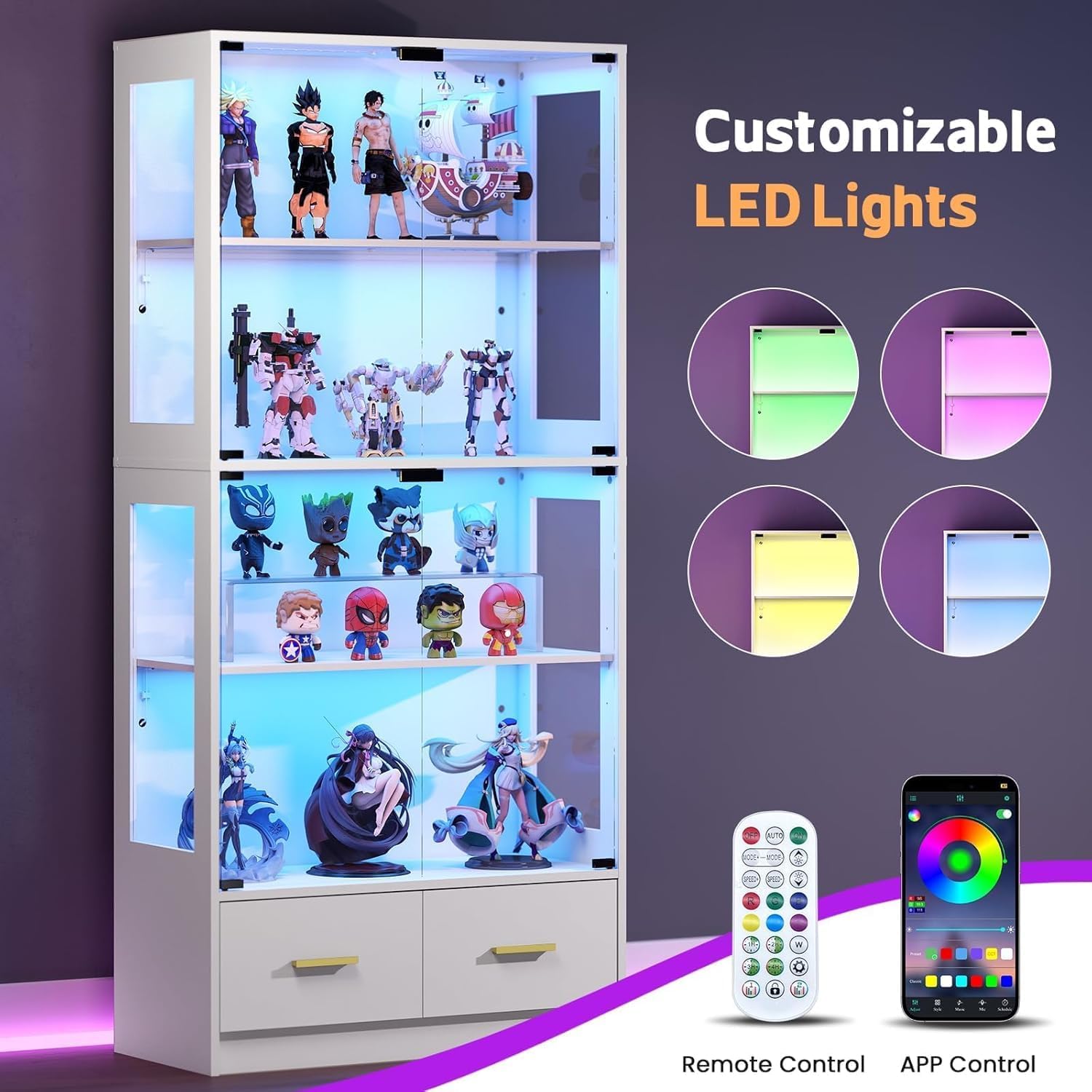 Lamtor Display Cabinet with Glass Doors - 67' Curio Cabinet for Collectibles with RGB LED Lights and 2 Drawers, 4 Tier Glass Display Case for Living Room, Office, White