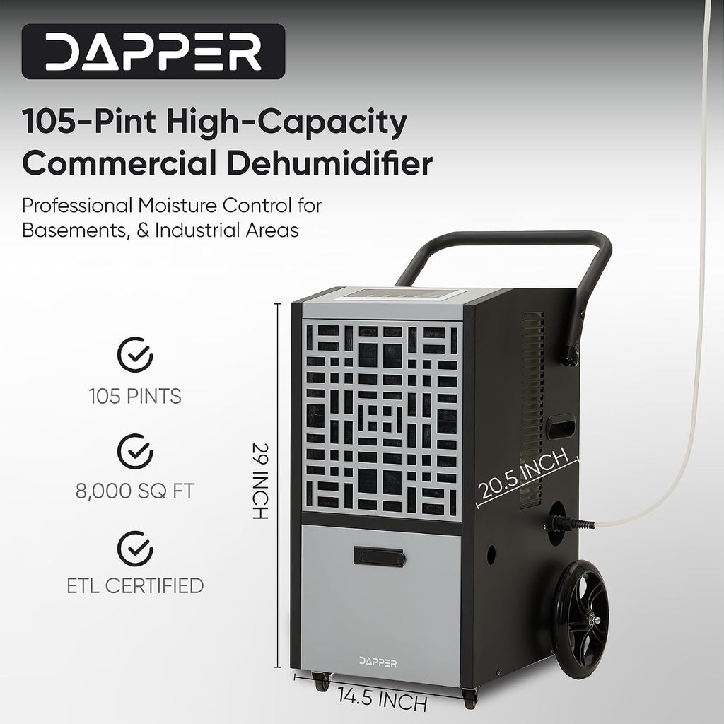 105-Pint Commercial Dehumidifier for Basements & Industrial Spaces – Built-In Pump, Drain Hose, Continuous Operation, 2-Speed Fan, 8000 Sq Ft Coverage, ETL Certified