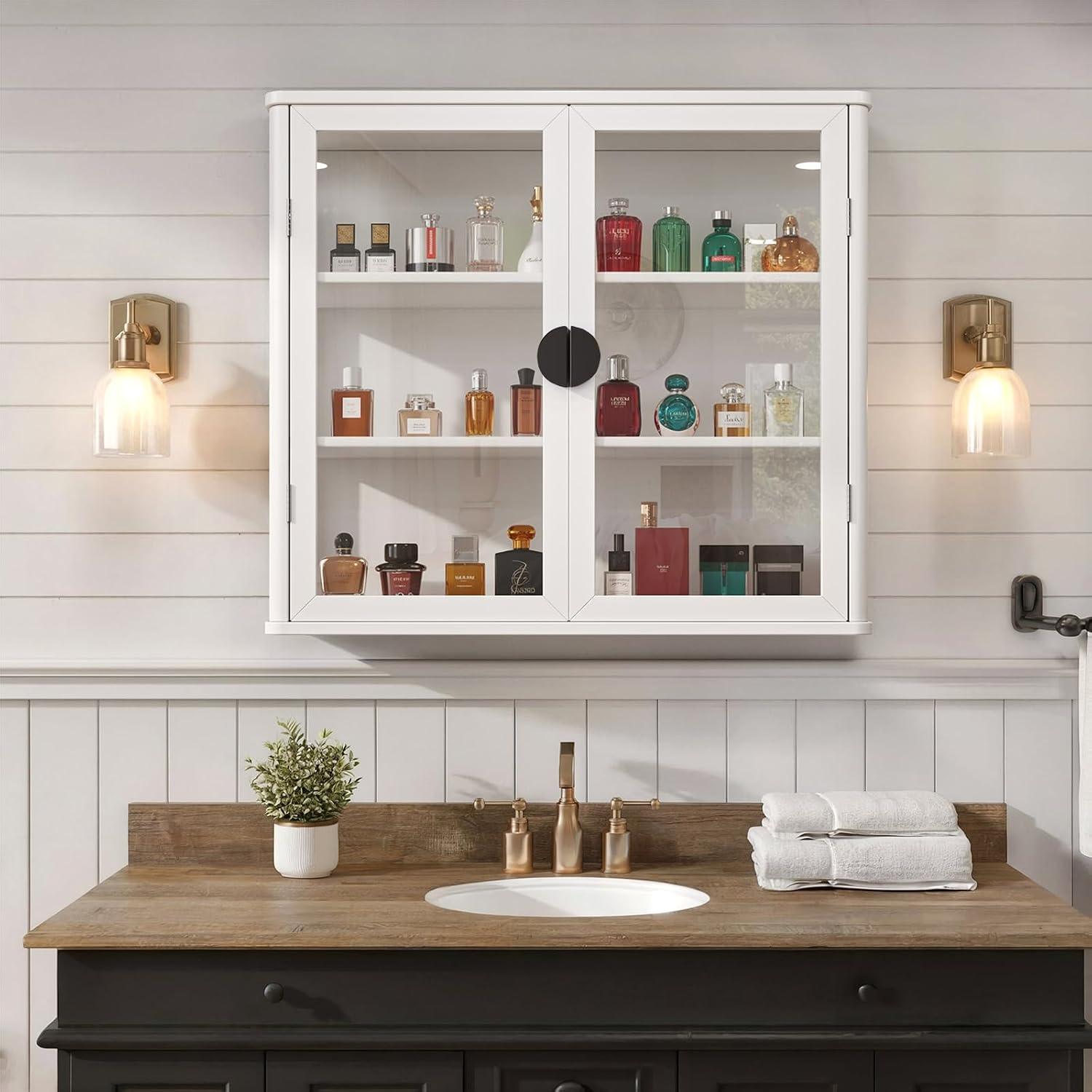 FIMELLO 28''W Wall Cabinet with Tempered Glass Doors, Bathroom Cabinet Wall Mount, Kitchen Wall Cabinet, Floating Cabinet for Bathroom, Wall Mount Salon Station for Barber, Beauty, White
