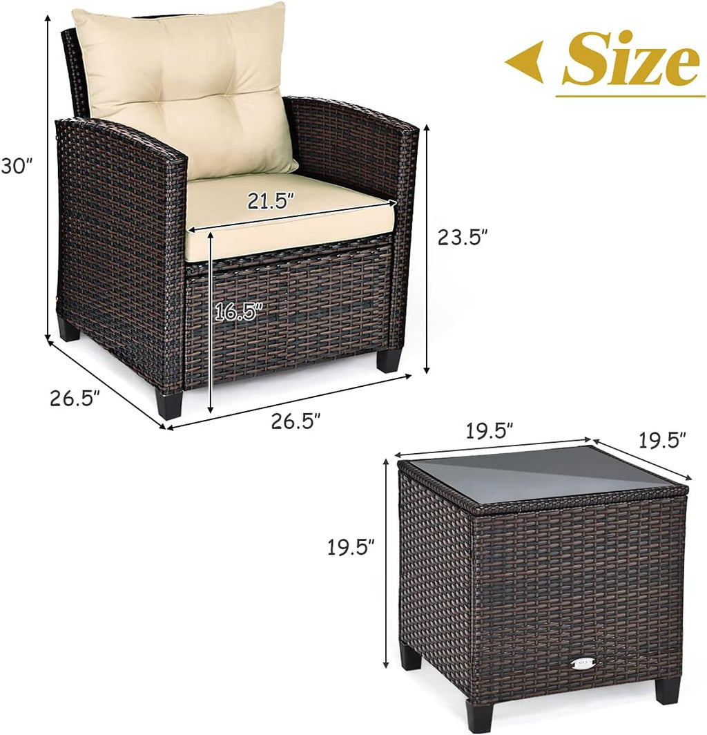 Tangkula 3 Pieces Patio Furniture Set, PE Rattan Wicker 3 Pcs Outdoor Sofa Set w/Washable Cushion and Tempered Glass Tabletop, Conversation Furniture for Garden Poolside Balcony (Beige)