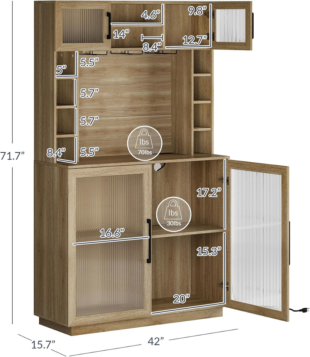 BELLEZE Coffee Wine Bar Cabinet with Power Outlet, 72' Rustic Liquor Cabinet, Fluted Buffet Cabinet with Storage Kitchen Pantry Cupboard Wine & Glasses Rack Server with Hutch for Dining Room - Camel