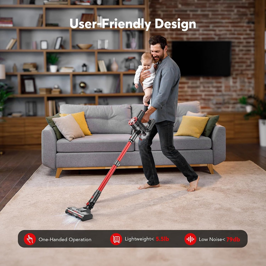 Comvtu Cordless Vacuum Cleaner Rechargeable with 2600mAh Detachable Battery, Powerful Vacuums with 2 Adjustable Modes, Lightweight Portable Stick Vacuum for Home (Afterglow Red)