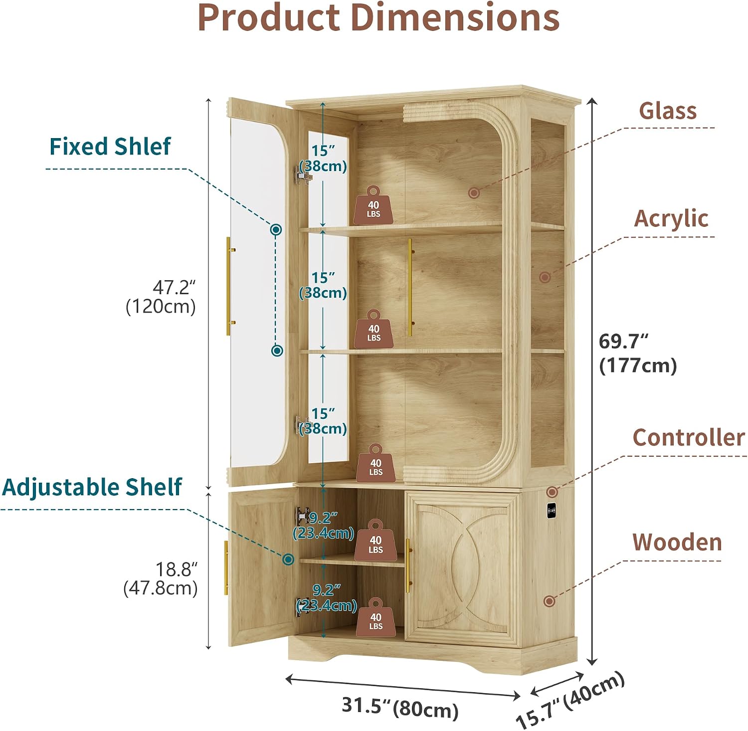 69' Tall Display Cabinet with Glass Doors, Curio Cabinet with 3 LED Lights and Human Body Sensor, Glass Display Case with Storage Cabinet for Living Room, Oak