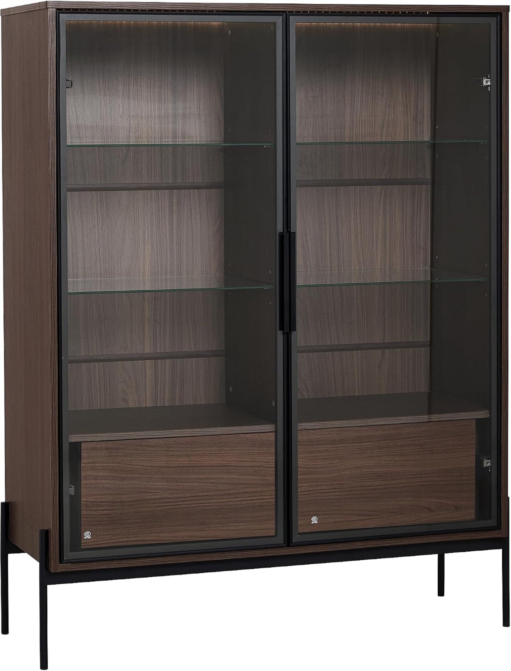 51' Modern Aluminum-Frame Showcase Cabinet, Lego Display Case with Glass Doors, Lego Display Shelves with LED 4-Tier for Home Office Living Room, Black + Dark Walnut