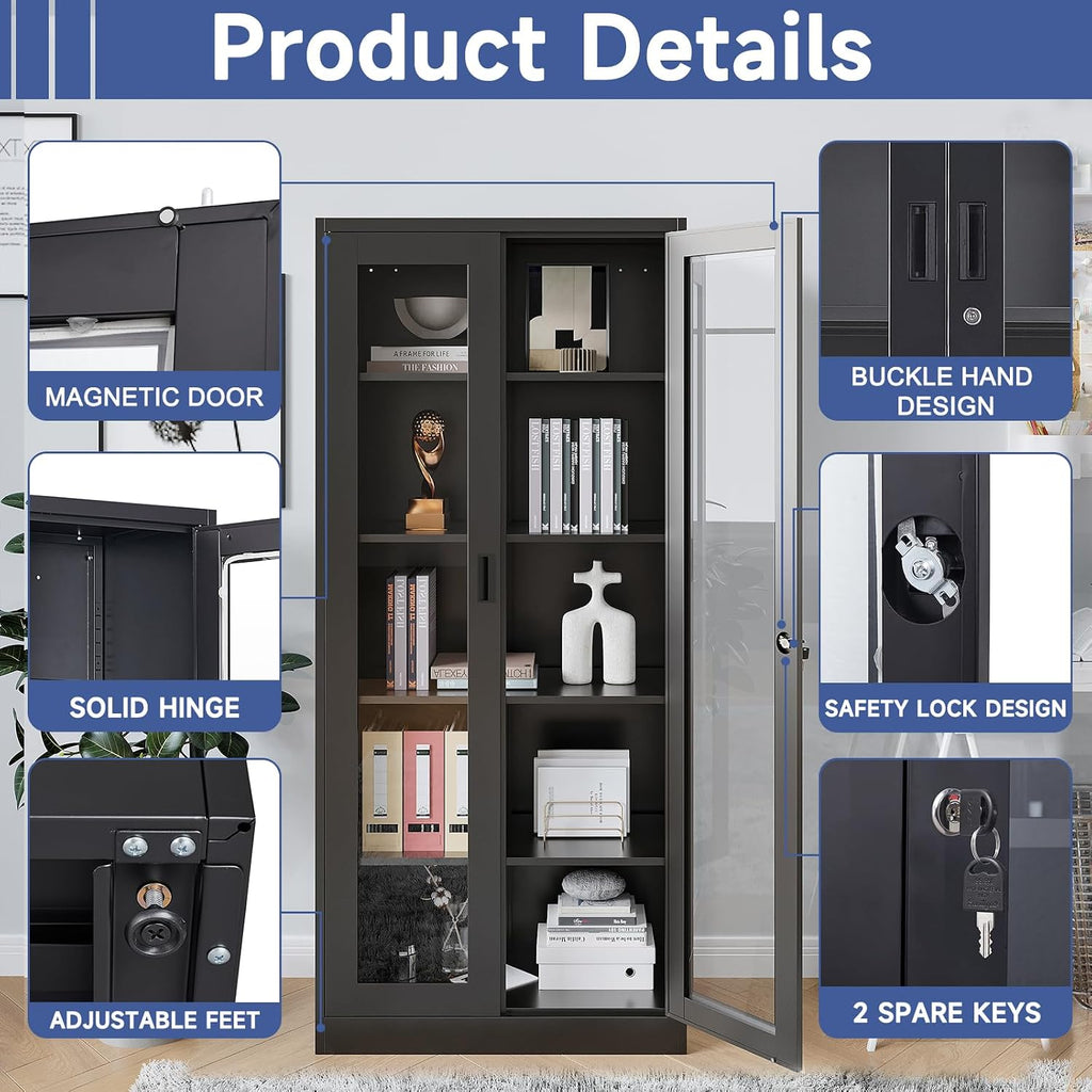Display Cabinet with Glass Doors, Display Case Cabinet for Collectibles, Curio Display Cabinet with 4 Adjustable Shelves, 71'' Glass Display Cabinet for Home Office (Black), MSC-0818