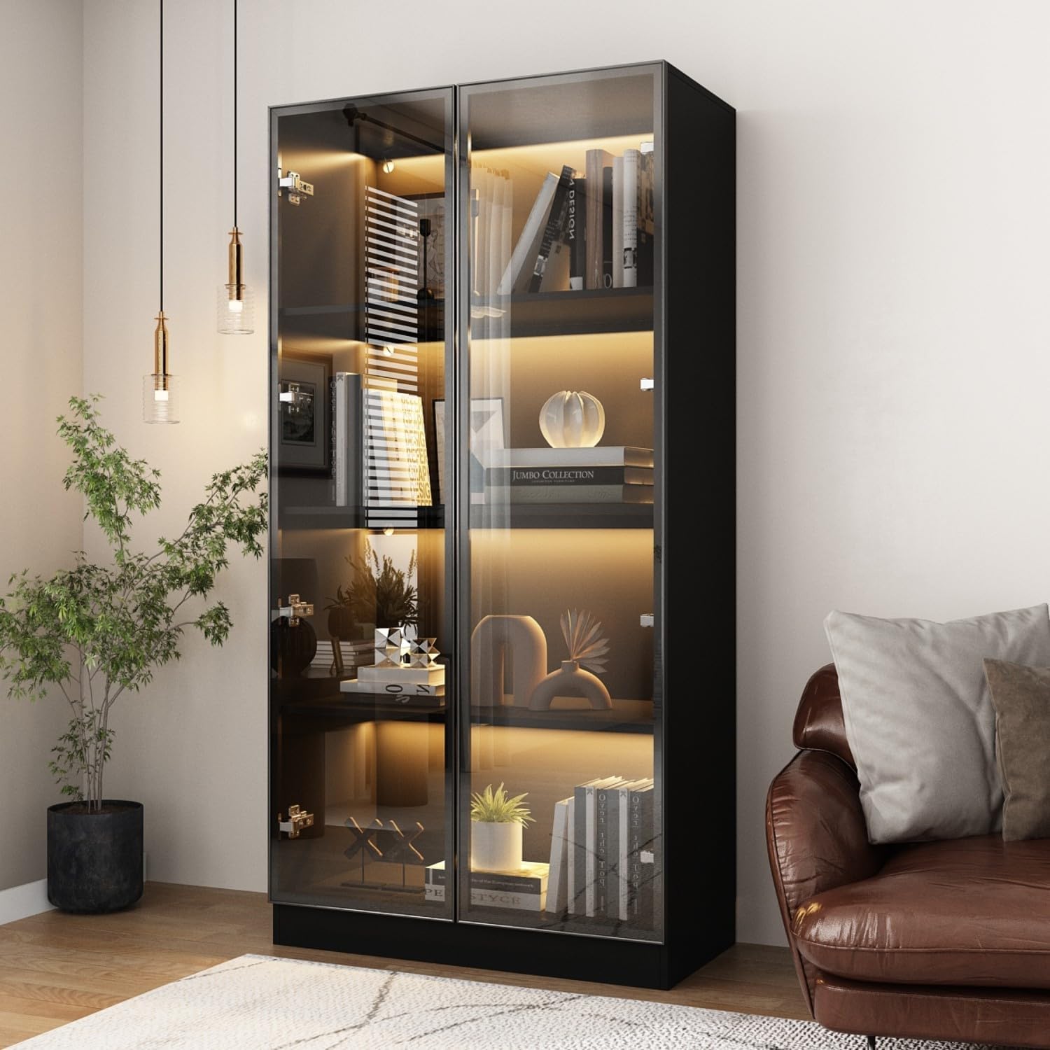 Display Cabinet with Lights, Glass Cabinet with Doors and 4 Tier Shelves, Bookcase Display Case for Collectible, Living Room Office, Black 31.5'W x 15.7'D x 63'H