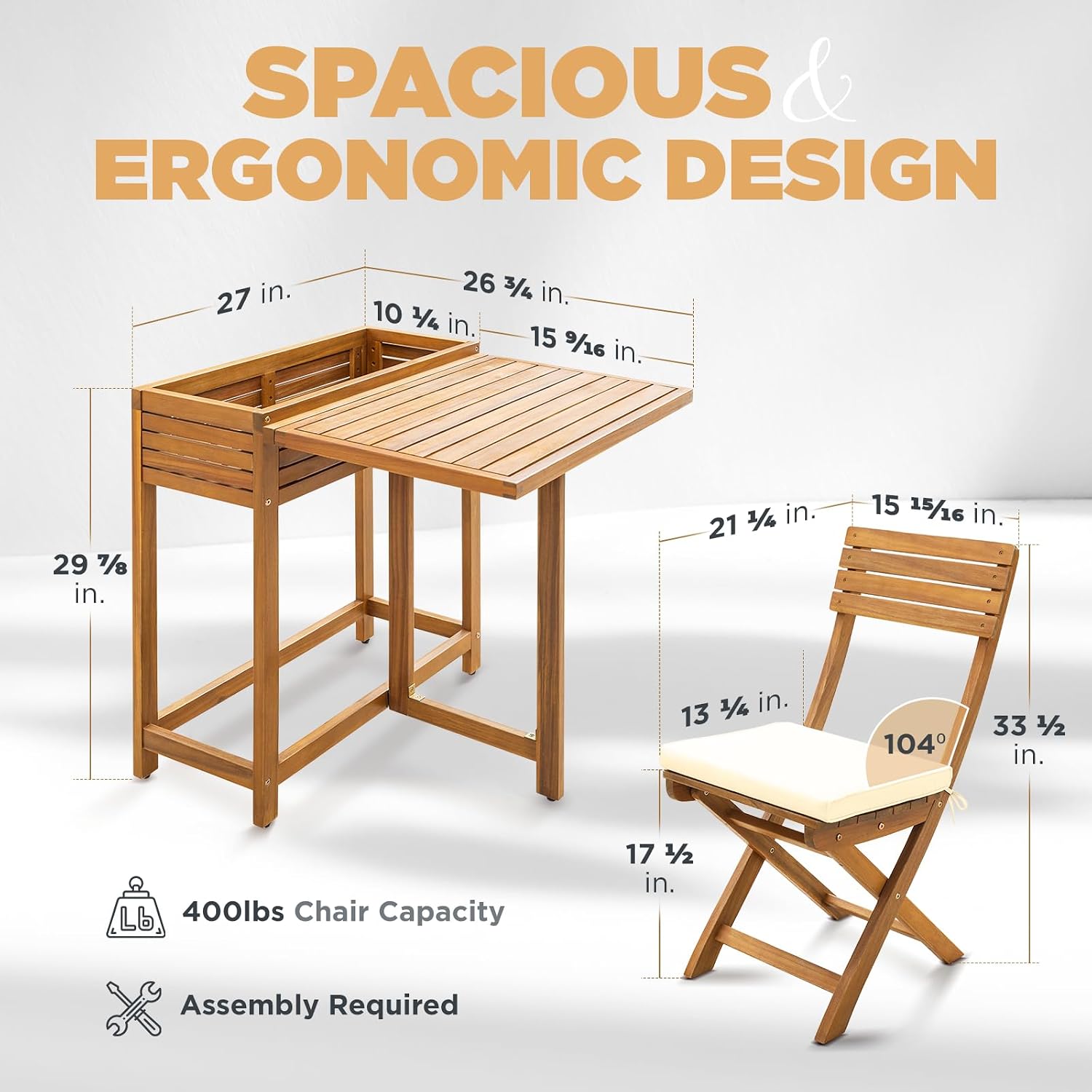 IDZO Natural 3-Piece Bistro Set: Foldable 400lbs Chairs, 220lbs Shelf Table, FSC Acacia Wood, Washable Cushions, Ergonomic Patio Bistro Sets Design