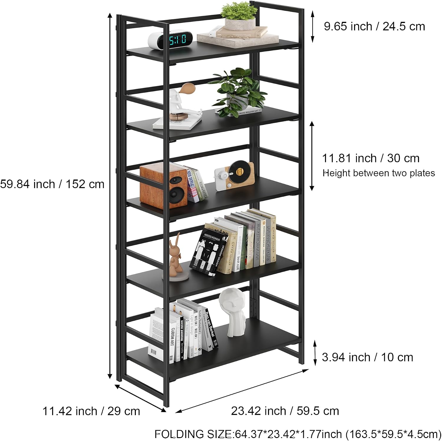 BHG Vintage Multifunctional Folding Bookshelf, No-Assembly Plant Stand Storage Rack Shelves for Home Office (All Black, 5-Tier)
