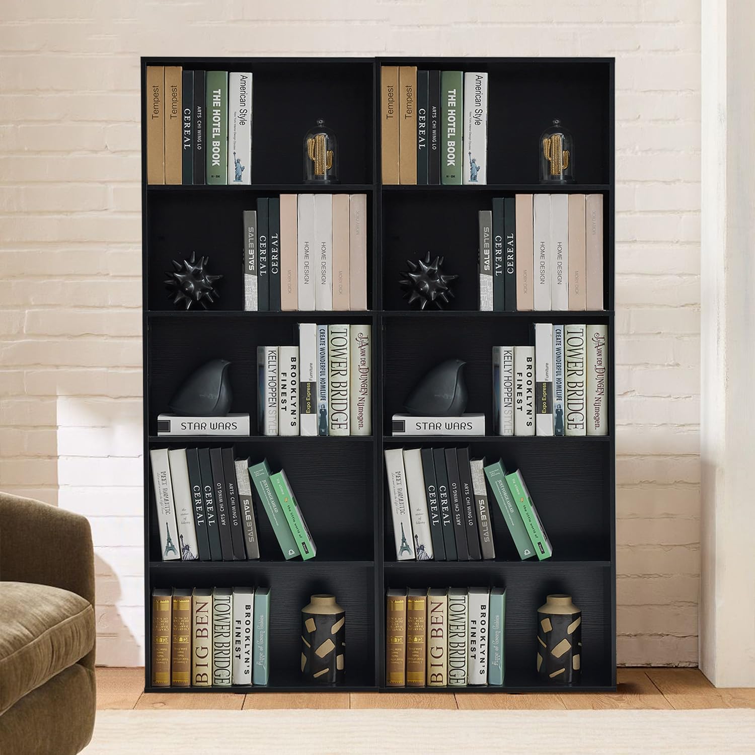 5-Tier Open Bookshelves and Bookcases Set of 2, Farmhouse Bookshelf with Display Storage Shelves, Wooden Bookcase for Living Room, Home Office, Bedroom, Black
