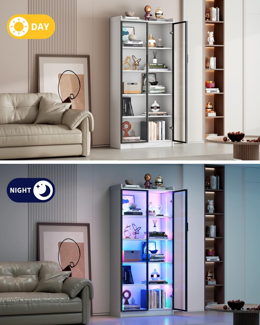 FREDEES Display Cabinet with Glass Doors, 5-Tier Curio Cabinet with Motion Sensor RGB Lights, 65' Tall Glass Display Case with Adjustable Shelves for Collectibles, Figures, Books, White