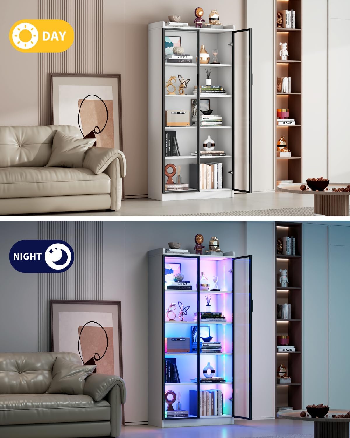 FREDEES Display Cabinet with Glass Doors, 5-Tier Curio Cabinet with Motion Sensor RGB Lights, 65' Tall Glass Display Case with Adjustable Shelves for Collectibles, Figures, Books, White