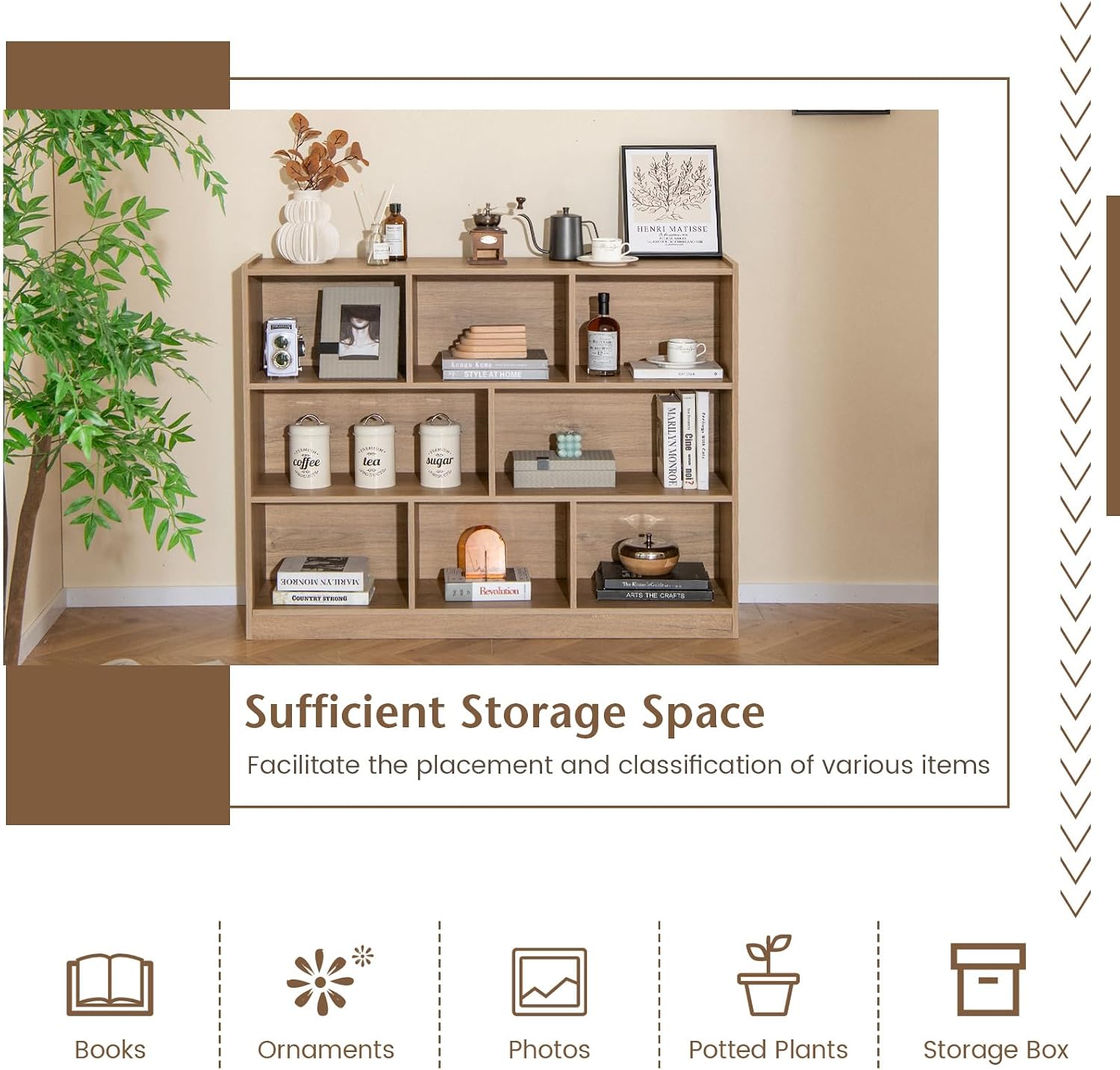 Giantex 8 Cube Bookcase, Freestanding 3-Tier Open Bookshelf, Modern Storage Display Cabinet, Wood Cube Storage Organizer for Living Room, Kid's Room, Natural