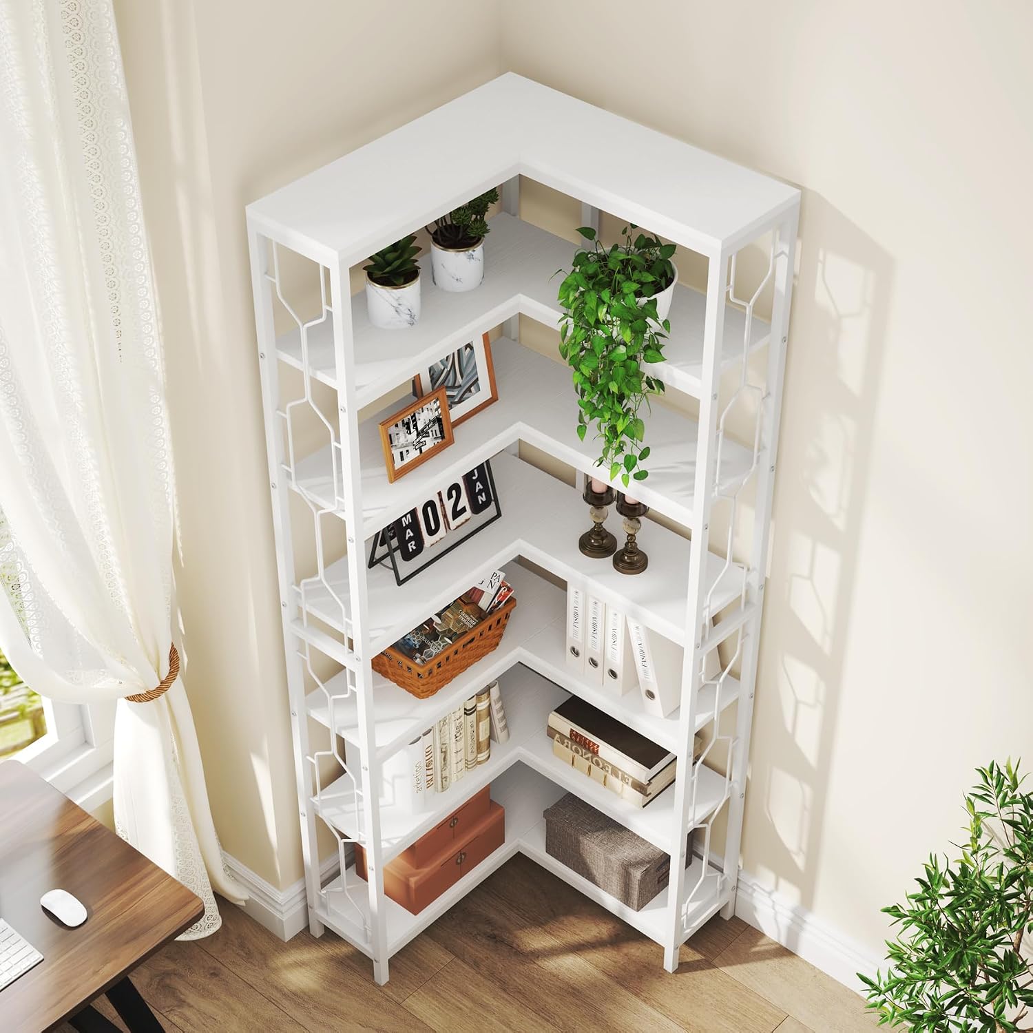 Tribesigns Corner Shelf, 7-Tier Industrial Corner Bookshelf, Wood and Metal Corner Etagere Bookcase, Freestanding Display Shelf for Living Room, Kitchen, Home Office, White