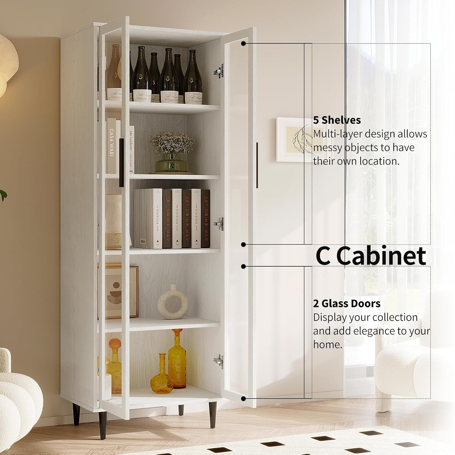 TUSY 70.9' H Bookshelf with Glass Doors, 5-Tier Display Curio Cabinet with Drawers, Narrow Display Bookcase for Home, Office, Clinic, Pantry (White, A)