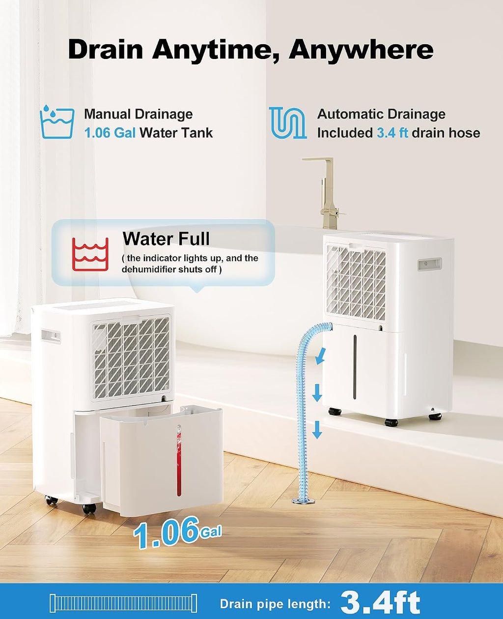 50 Pint Dehumidifier for Large Rooms & Basements, Up to 4,500 Sq.Ft, Automatic Humidity Control with Continuous Drain, Quiet 40dB, 24-Hour Timer, Wheels & Child Lock