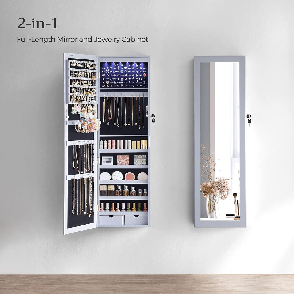 SONGMICS 6 LEDs Mirror Jewelry Cabinet, 47.2-Inch Tall Lockable Wall or Door Mounted Jewelry Armoire Organizer with Mirror, 2 Drawers, 3.9 x 14.6 x 47.2 Inches, Gray UJJC93GY