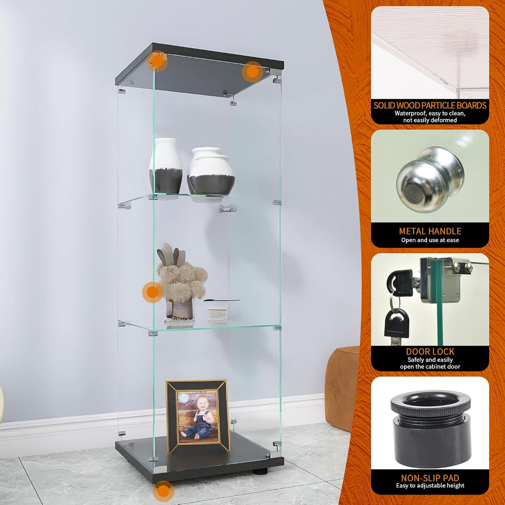 Beauty4U One-Door Glass Display Cabinet, Black Curio Cabinets for Living Room, Bedroom, Office, Collection Display, Quick Installation in 30 Mins, 3 Shelves Black Floor Standing Glass Bookshelf