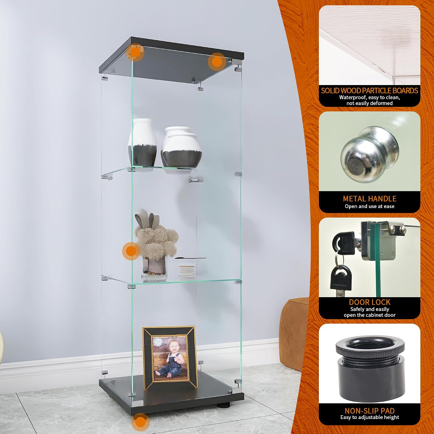 Beauty4U One-Door Glass Display Cabinet, Black Curio Cabinets for Living Room, Bedroom, Office, Collection Display, Quick Installation in 30 Mins, 3 Shelves Black Floor Standing Glass Bookshelf