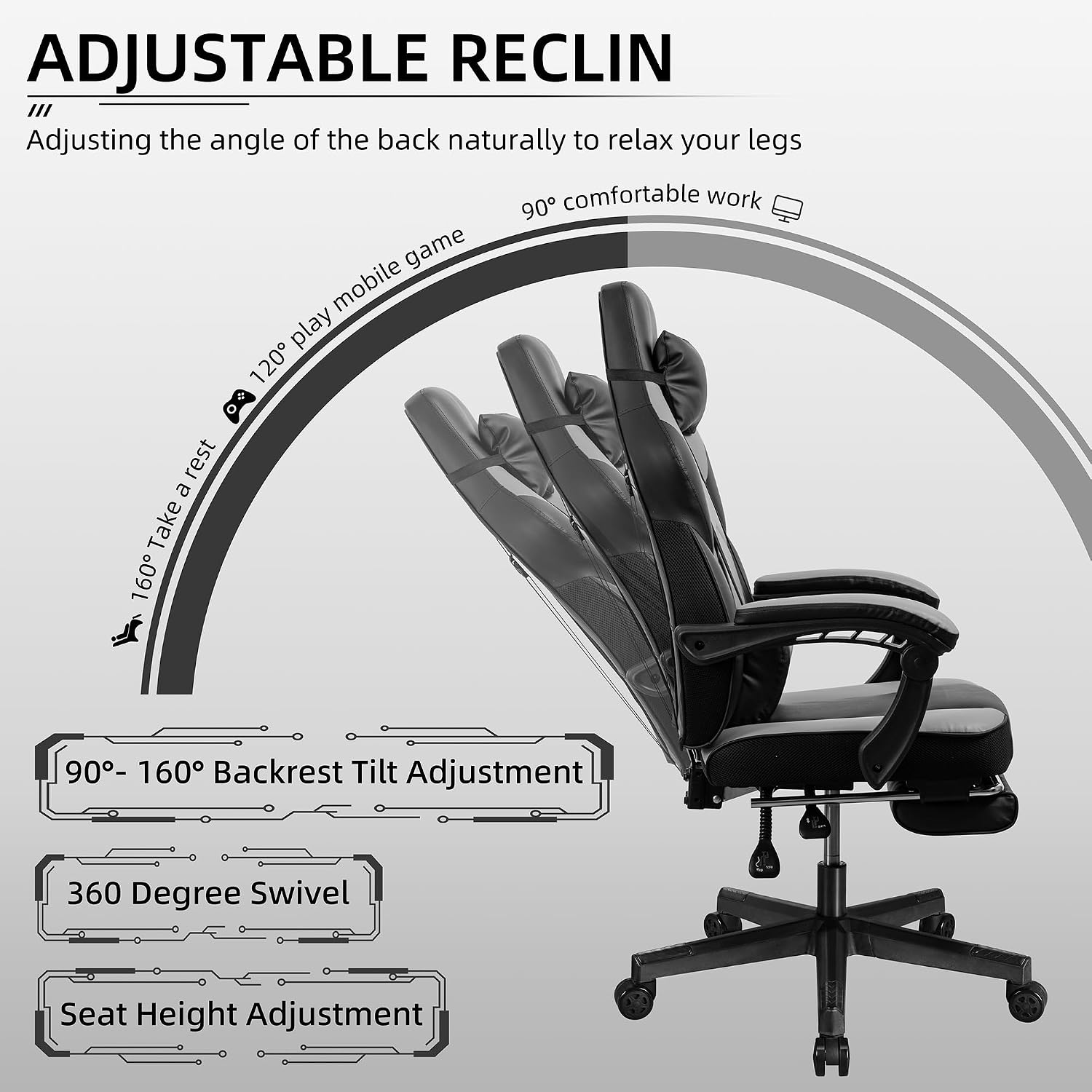 Shintenchi Gaming Chair,Video Game Chair with footrest and Massage Lumbar Support,Height Adjustable Game Chair with 360°Swivel Seat Ergonomic Computer Chair with Headrest for Office or Gaming(Grey)