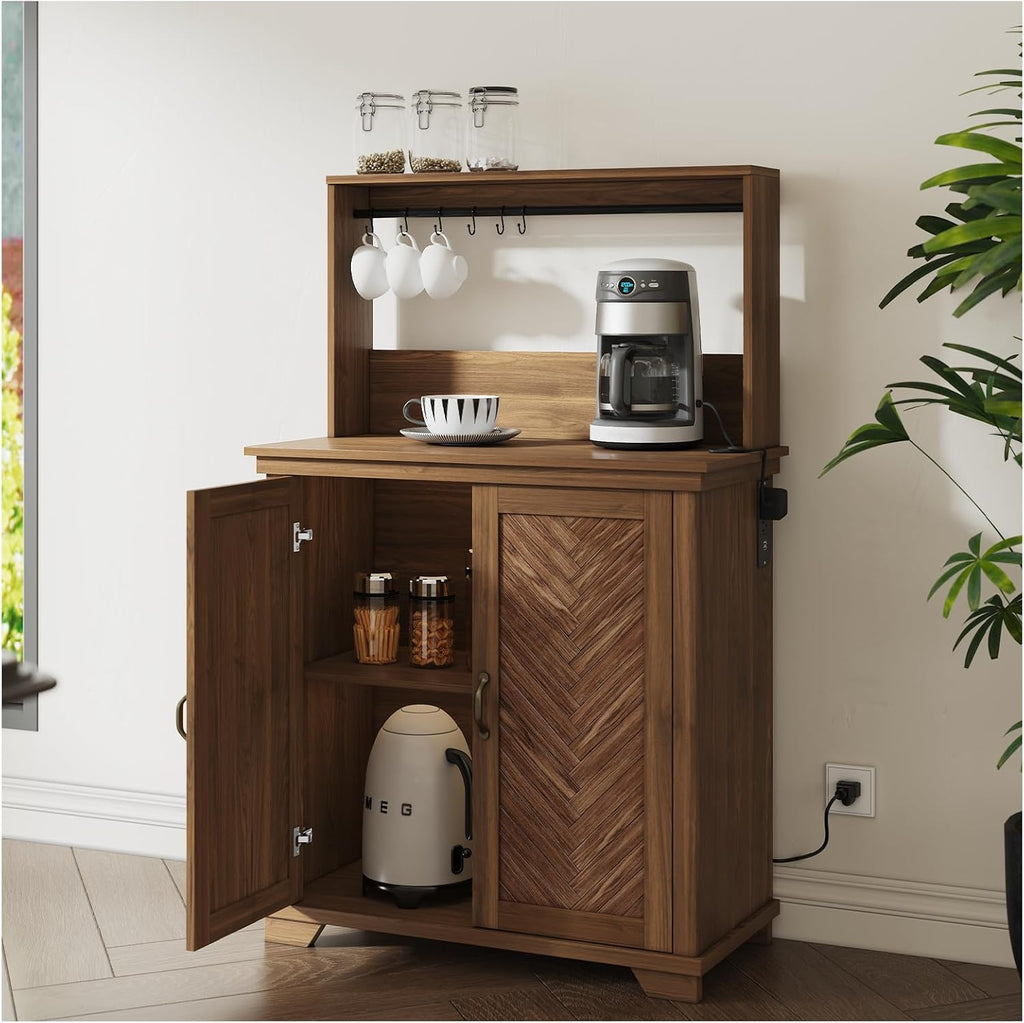 JOINICE Farmhouse Coffee Bar Cabinet with Storage,31.5' Kitchen Cabinet with Hooks and Charging Station,Coffee Station with Adjustable Shelf and Hutch,Sideboard for Living Dining Room